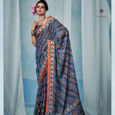 Blue Stylish Ajrakh Printed Satin Saree