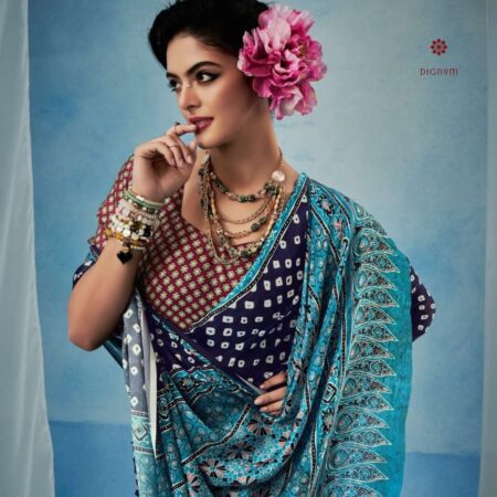 Latest Design Blue Brown Stylish Ajrakh Printed Satin Saree