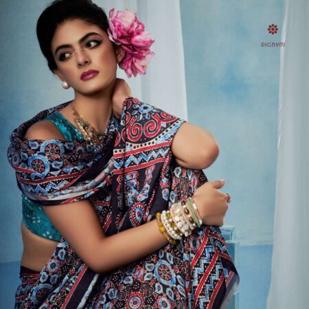 Latest Design Multicolor Stylish Ajrakh Printed Satin Saree