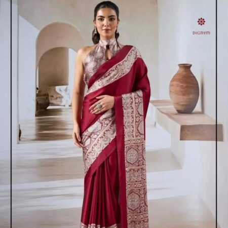 Latest Design Garnet Red Modal Silk Ajrakh Print Saree