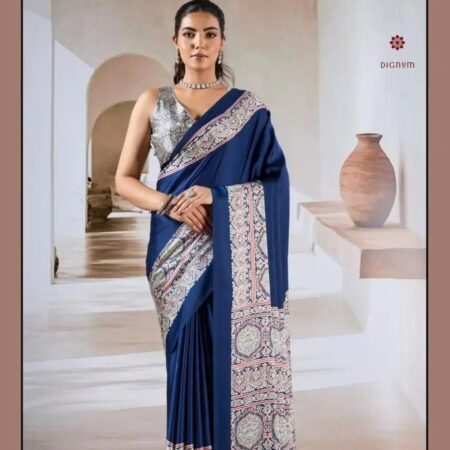 Latest Design Navy Blue Modal Silk Ajrakh Print Saree