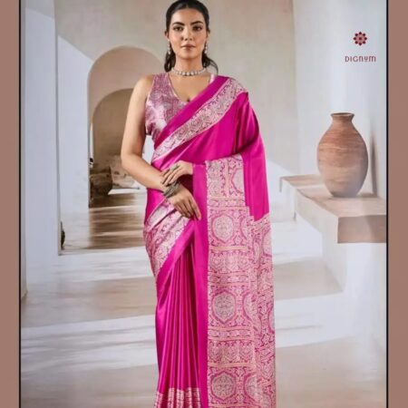 Latest Design Magenta Pink Modal Silk Ajrakh Print Saree