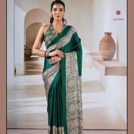 Latest Design Dark Green Modal Silk Ajrakh Print Saree