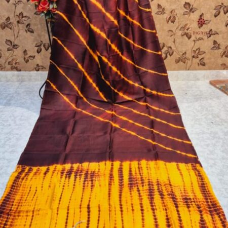 Latest Design Brown Yellow Bandhani Shibori Pure Silk Saree