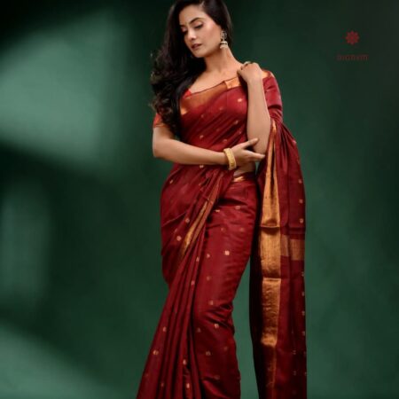 Latest Design Garnet Red Maheshwari Woven Cotton Silk Saree