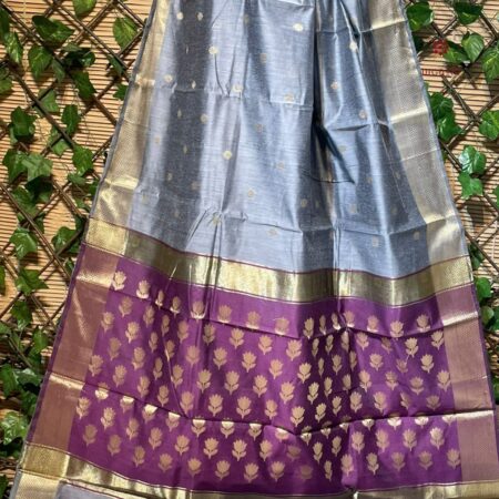Latest Design Steel Grey Half and Half Pattern Maheshwari Saree