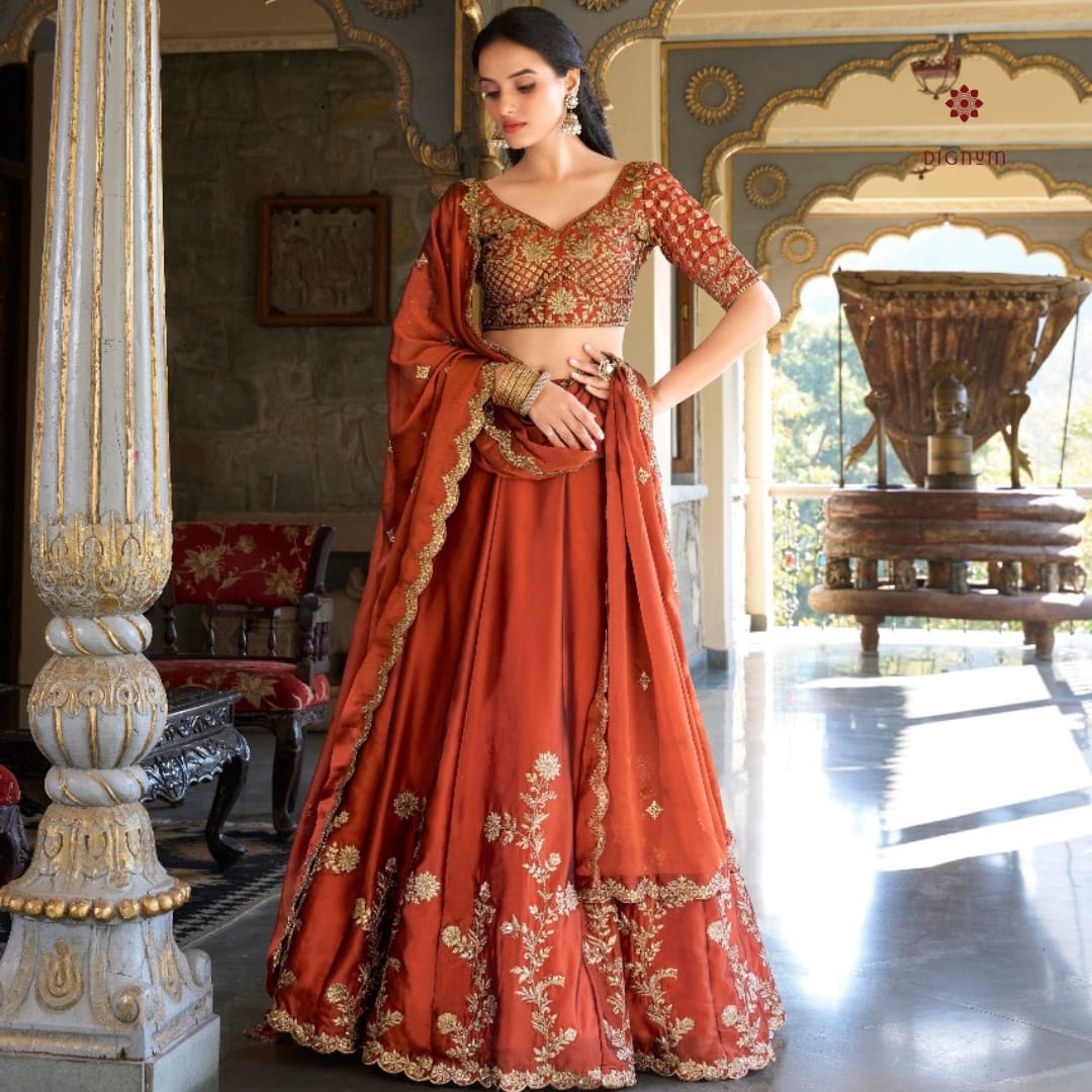Latest Design Dark Orange Embroidered Lehenga Set