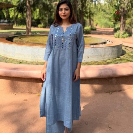 Latest Design Steel Blue Cotton Embroidered Mirror Work Co-ord Set