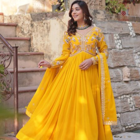 Latest Design Bright Yellow Party Wear Sequins Embroidered Gown Set