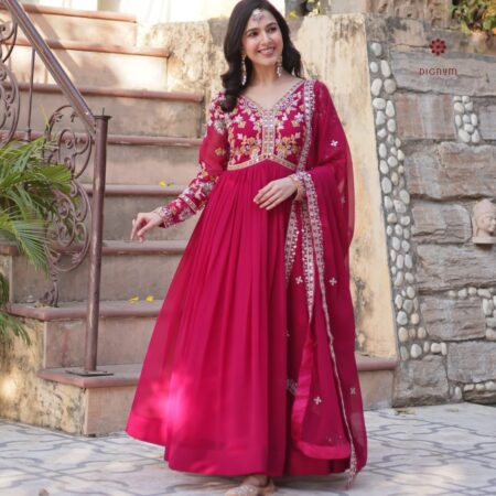 Latest Design Dark Fuchsia Pink Party Wear Sequins Embroidered Gown Set