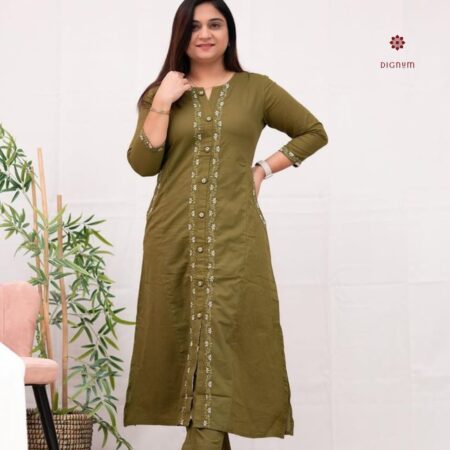 Latest Design Olive Green Embroidered Cotton Co-ord Set