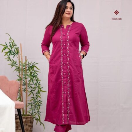 Latest Design Magenta Pink Embroidered Cotton Co-ord Set