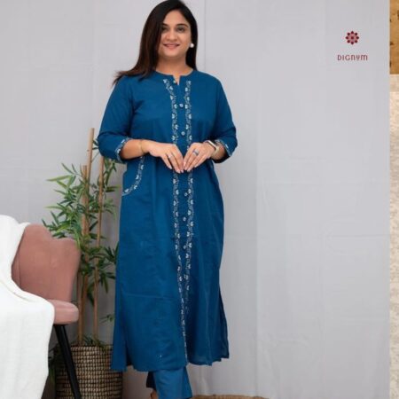 Latest Design Cobalt Blue Embroidered Cotton Co-ord Set