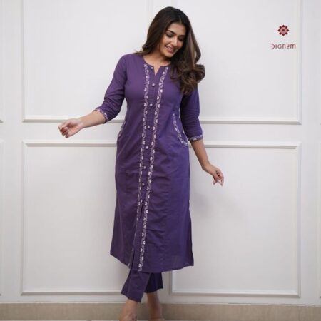 Latest Design Royal Purple Embroidered Cotton Co-ord Set