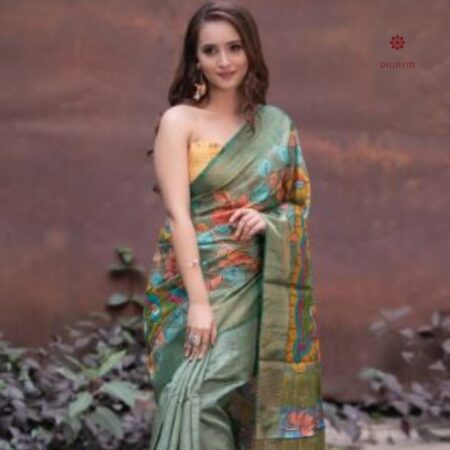 Latest Design Sage Green Hand Painted Kalamkari Saree