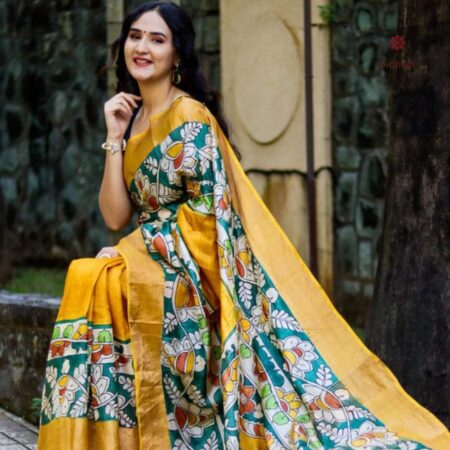 Latest Design Yellow Hand Painted Kalamkari Saree
