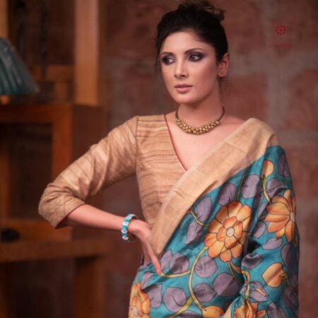 Latest Design Blue & Fawn Hand Painted Kalamkari Saree