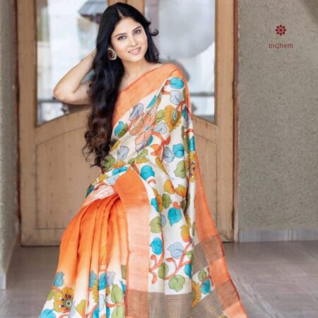 Latest Design Orange Hand Painted Kalamkari Saree