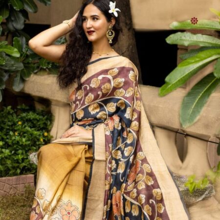 Latest Design Mustard Yellow Hand Painted Kalamkari Saree