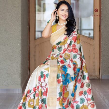 Latest Design Pearl White Hand Painted Kalamkari Saree