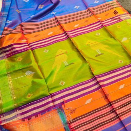 Latest Design Blue Green Bishunpuri Kalakshetra Katan Pure Silk Saree