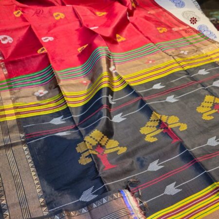 Latest Design Red Black Bishunpuri Kalakshetra Katan Pure Silk Saree