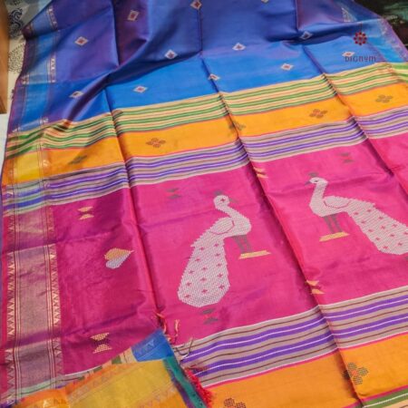 Latest Design Blue Pink Bishunpuri Kalakshetra Katan Pure Silk Saree