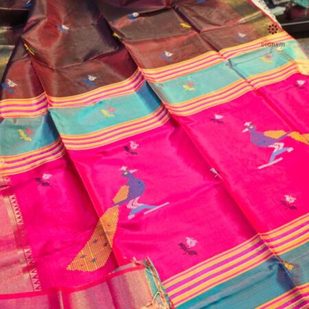Latest Design Brown Pink Bishunpuri Kalakshetra Katan Pure Silk Saree