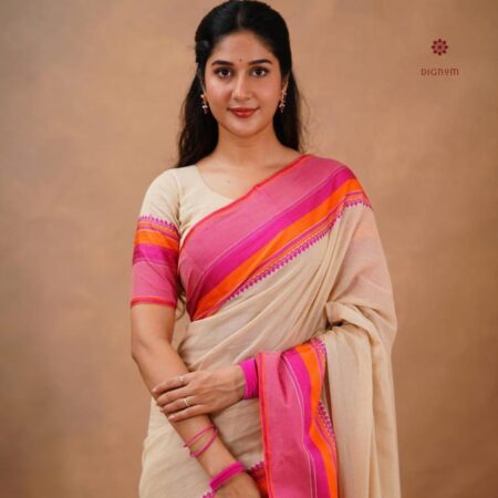 Latest Design Beige and Pink Pure Cotton Bengal Handspun Saree