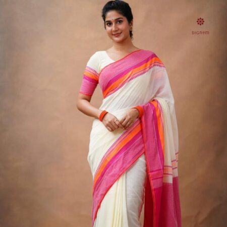 Latest Design White and Pink Pure Cotton Bengal Handspun Saree