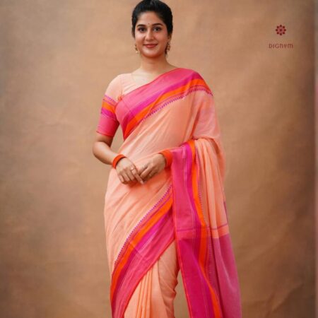 Latest Design Pastel Peach and Pink Pure Cotton Bengal Handspun Saree