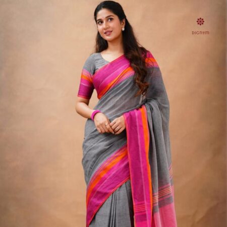 Latest Design Grey and Pink Pure Cotton Bengal Handspun Saree