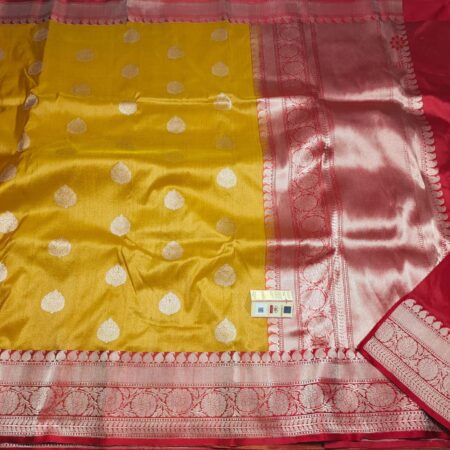 Latest Design Yellow and Red Pure Banarasi Handwoven Saree