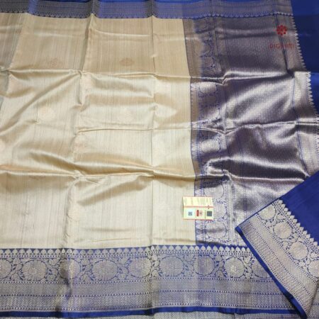 Latest Design Off White and Blue Pure Banarasi Handwoven Saree