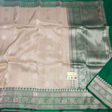 Latest Design Off White and Green Pure Banarasi Handwoven Saree