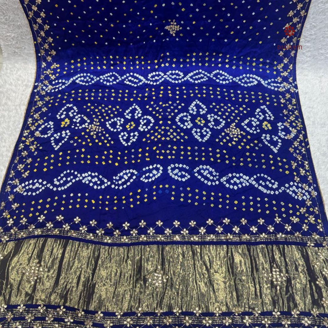Latest Design Royal Blue Pure Gajji Silk Bandhani Saree