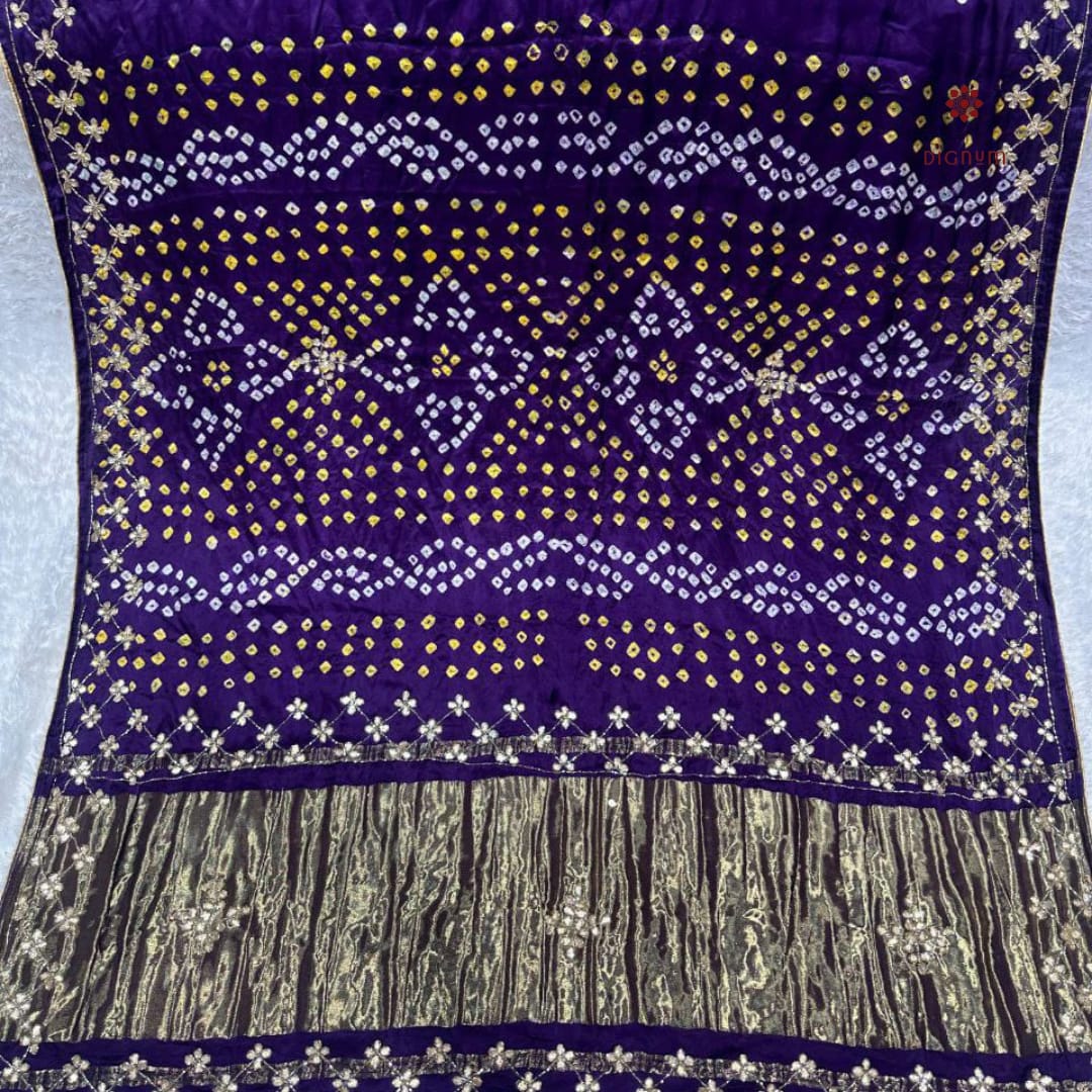 Latest Design Cadbury Purple Pure Gajji Silk Bandhani Saree