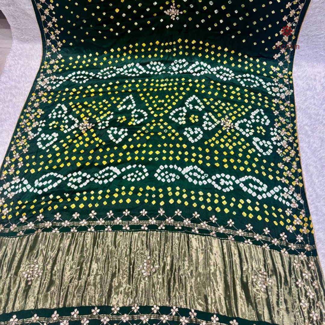 Latest Design Green Pure Gajji Silk Bandhani Saree