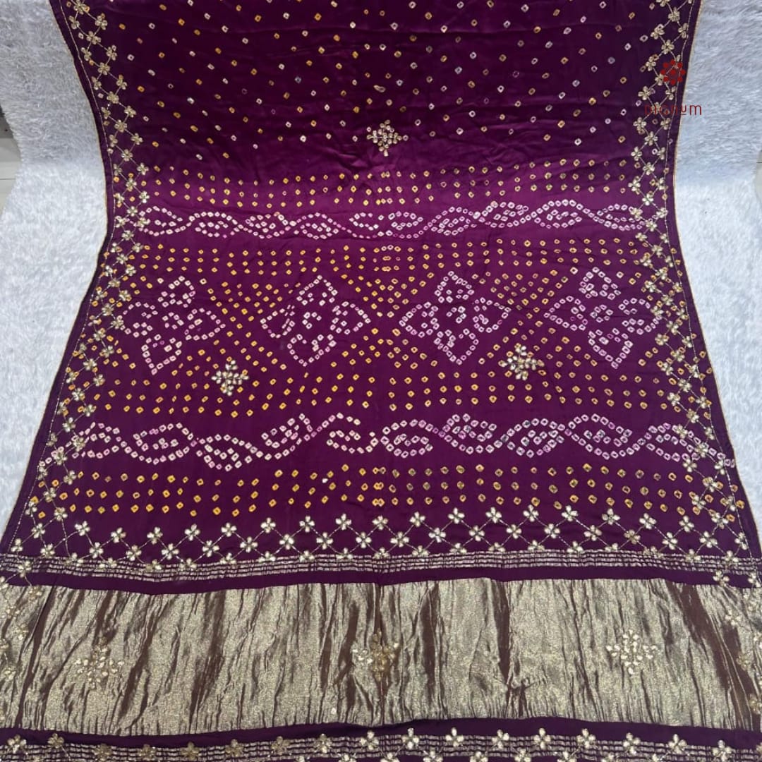 Latest Design Boysenberry Purple Pure Gajji Silk Bandhani Saree