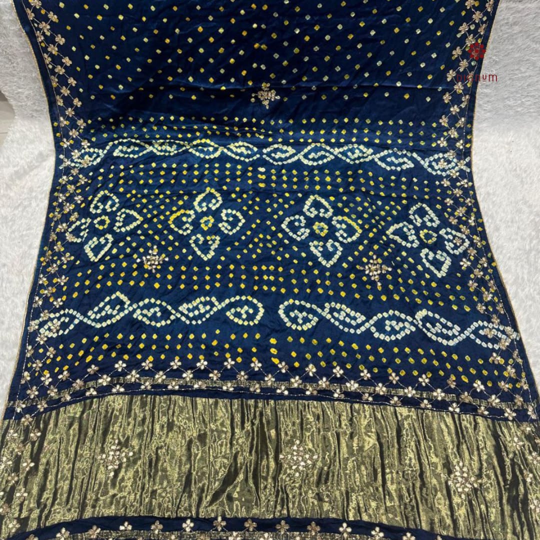 Latest Design Peacock Blue Pure Gajji Silk Bandhani Saree