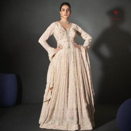 Latest Design Party Wear Cream Pure Georgette Chikankari and Zari Work Anarkali Set