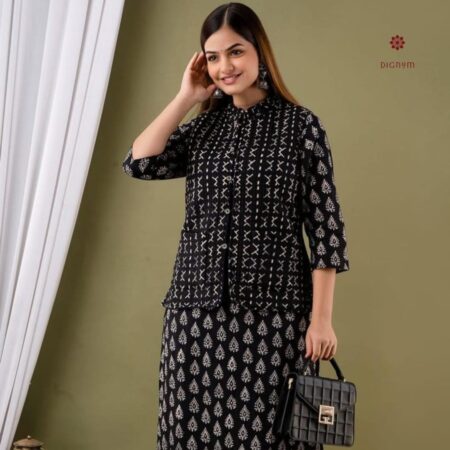 Latest Design Black Pure Cotton Kurti Pant Set with Quilted Jacket