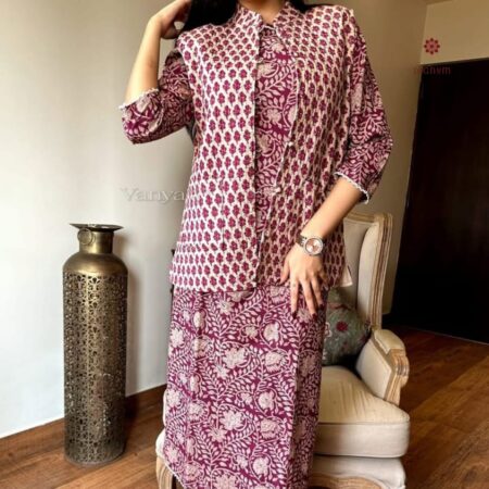 Latest Design Boysenberry Purple Cotton Kurti Pant Set with Quilted Jacket