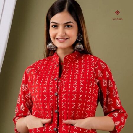 Latest Design Red Pure Cotton Kurti Pant Set with Quilted Jacket