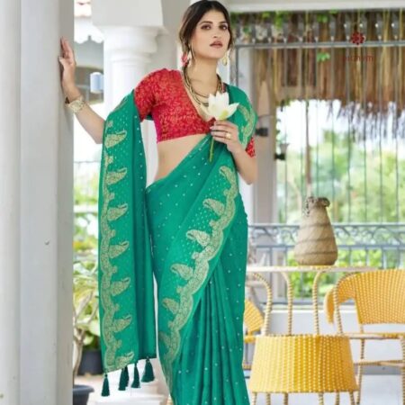 Latest Design Persian Green Designer Chiffon Embellished Saree