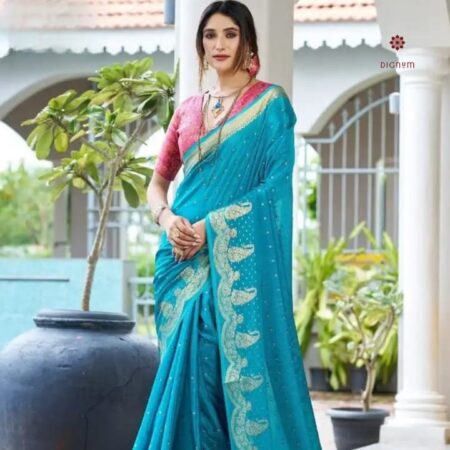 Latest Design Sky Blue Designer Chiffon Embellished Saree