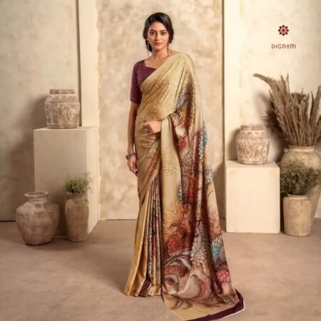 Latest Design Beige and Wine Printed Satin Silk Saree