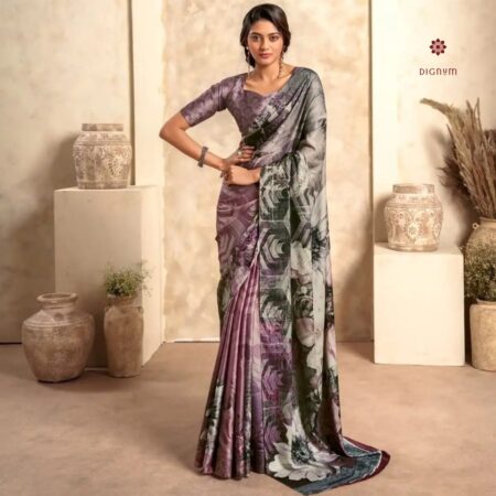 Latest Design Lilac and Black Printed Satin Silk Saree