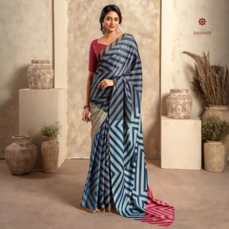 Latest Design Blue and Pink Printed Satin Silk Saree