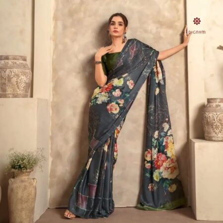 Latest Design Black and Green Printed Satin Silk Saree